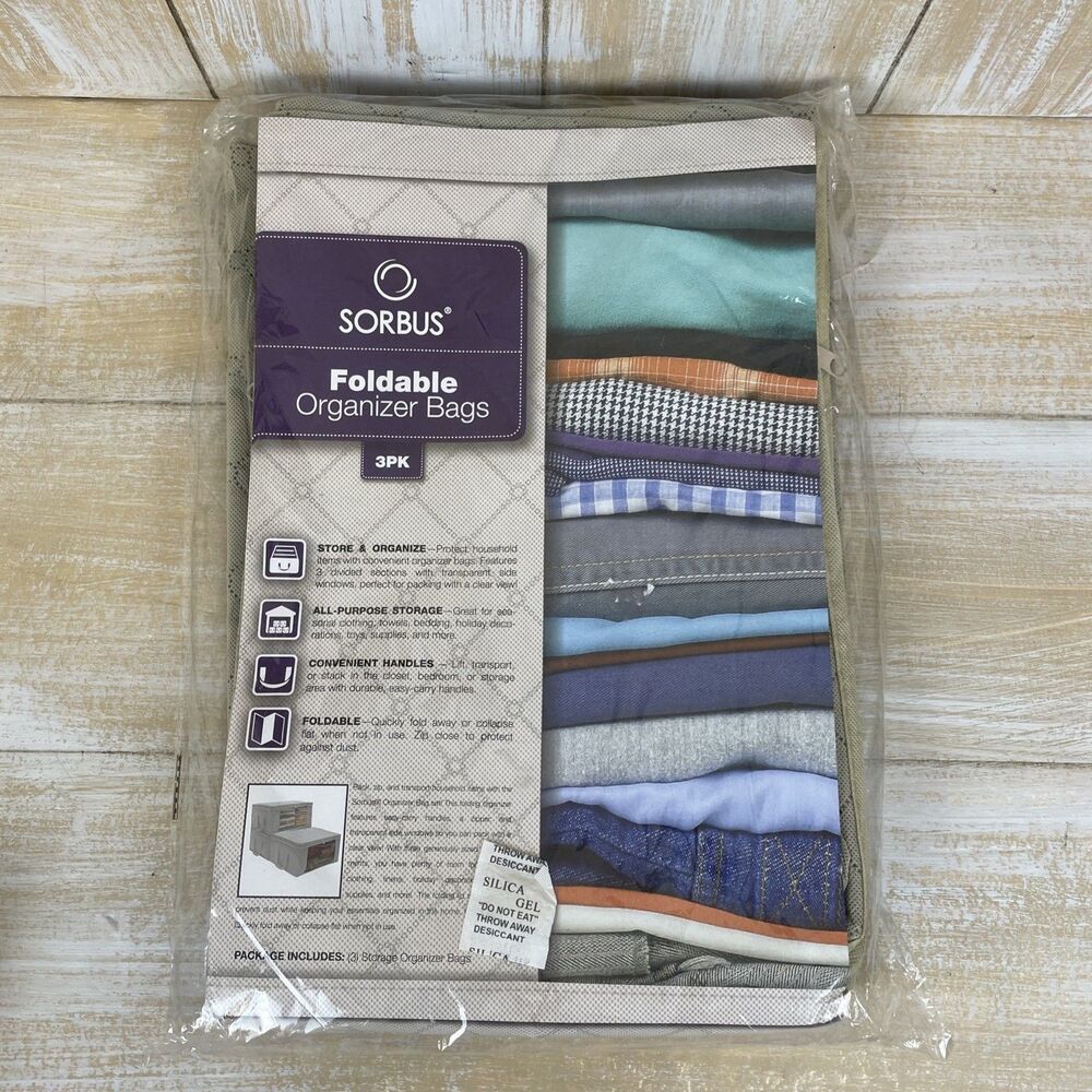 Sorbus Foldable Storage Bag Organizers 3 Section w/windows & Handles Beige 3pk